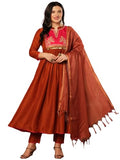 Gosriki Women'S Rayon Viscose Embroidered Anarkali Kurta With Pant & Dupatta (Brics Rust-Vks01-Gs_Xl_Rust_X-Large),Rust,,B0F13SNQ43