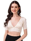 Womanista Women's Dupion Silk Solid Short Sleeve Regular Fit V Neck Blouse (BL_66_White S)