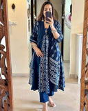 Anni Designer Women'S Rayon Viscose Printed Anarkali Kurta With Pant & Dupatta (Jarry Blue_M_Blue_Medium),Blue,M,Rayon Blend,Anarkali,