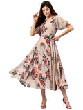 SMOWKLY Women's Georgette Floral Printed Indo-Western Ethnic Gown || Half Sleeve V Neck Fit & Flare Flared Hem Design || Casual