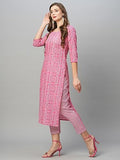 Anni Designer Women'S Cotton Blend Straight Printed Kurta With Pant (Jeet Pink_Xxl_Pink_Xx-Large),Pink,2XL,Cotton Blend,Regular,