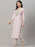 Anni Designer Women'S Cotton Blend Straight Yoke Design Printed Kurta (Chameli Peach-Kfv_S_Peach_Small),Peach,S,Cotton Blend,Regular,