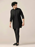 Kisah Men'S Kurta Jacket Trouser Set, Black Silk Blend, Jacquard Regular Fit Mandarin Collar Long Sleeves (40)