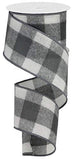 Fuzzy Large Check Plaid Wired Edge Ribbon, 2.5 x 10 Yards (Grey, White)