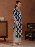 Libas Womens Printed Cotton Straight Kurta With Palazzos And Dupatta Blue L 36916
