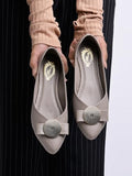 Shoetopia Women'S Grey Ballet Flats Textured Slip-On Bellies With Decorative Bow & Gold Button | Elegant Casual & Office Eu38,Grey,5,B0CVBDXCNP