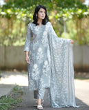 Anni Designer Women'S Rayon Blend Floral Straight Kurta With Pant & Dupatta (Zuri Purple_Grey_Large),Grey,L,Rayon Blend,Regular,