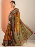 Libas Womens Printed Cotton Blend Saree With Blouse Piece Mustard Onesize