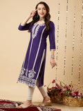 Anni Designer Women'S Cotton Blend Chikankari Embroidered Straight Kurta (Chndru Violet_L_Violet_Large),Violet,L,Cotton Blend,Regular,