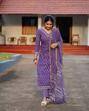 Anni Designer Women'S Cotton Blend Straight Printed Kurta With Pant & Dupatta (Majagi Blue_L_Blue_Large),Blue,L,Cotton Blend,Regular,