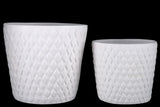 Ceramic Round Pot With Diamond Pattern Design Body And Tapered Bottom Set Of Two Matte Finish White