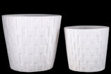 Ceramic Round Pot With Embossed Diamond Scale Pattern And Tapered Bottom Set Of Two Matte Finish White
