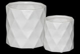 Ceramic Cylindrical Pot With Wide Mouth And Embossed Diamond Design Body Set Of Two Matte Finish White