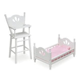 English Country Doll High Chair And Bed Set With Chevron Bedding - White/Pink