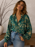 After Midnight Burnout Velvet Mesh Balloon Sleeve Button Up Blouse
