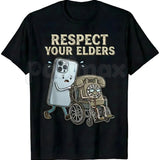 "Respect Your Elders" Tech Graphic T-Shirt – Funny Floppy Disk Retro PC Tee, Premium 100% Cotton Gamer & IT Humor Top, Soft Lived-In Heavyweight Nerd Culture Shirt, Made in USA