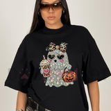 Ghost Bow Coffee Pumpkin Autumn Graphic T-Shirt