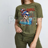 "Chill The Fourth Out" Patriotic Skeleton T-Shirt – 2026 Spring & Summer Men’s Graphic Tee, Premium 100% Cotton 4th of July Top, Soft Lived-In Heavyweight Americana Skeleton Shirt, Made in USA