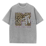 Women’s MTV Classic Leopard Print T-Shirt – Bold Animal Print Logo Graphic Tee, Lightweight Vintage Washed Cotton Top