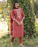 Anni Designer Women'S Rayon Blend Straight Printed Kurta With Pant & Dupatta (Maasa Red_L_Red_Large),Red,L,Rayon Blend,Regular,