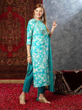 Anni Designer Women'S Cotton Blend Printed Straight Kurta With Pant & Dupatta (Bhadrusha See Green_L_See Green_Large),See Green,L,Cotton Blend,Regular,