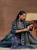 Libas Womens Printed Silk Blend Straight Kurta With Palazzos And Dupatta Blue Xl 36894