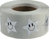 Metallic Silver Happy Face Star Shape Stickers 0.75 Inch 500 Adhesive Labels