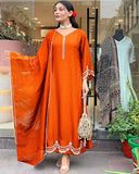 Anni Designer Women'S Rayon Viscose Anarkali Embroidered Kurta With Pant & Dupatta (Ranibai Orange_M_Orange_Medium),Orange,M,Rayon Blend,Classic,
