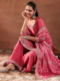 Libas Womens Embroidered Silk Blend Straight Kurta With Palazzos And Dupatta Pink 2Xl