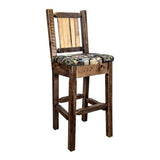 Montana Woodworks Homestead Collection Counter Height Barstool With Upholstered Seat, Woodland Pattern, Laser Engraved Bear Desi