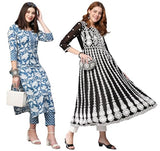 Gosriki Women'S Printed & Embroidered Kurti & Kurti Pant Set Combo Pack Of 2 (Pustak Blue & Kari Black-Gs_Xl_Multi_X-Large),Multicolour,,B0D17YRKL6