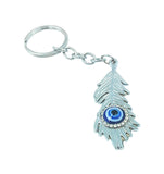 Shiani Peacock Feather Evil Eye Metal Keychain and Keyring Silver Blue Colour Rhinestone Feather Design Keyring Bag, Car &