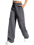 GRECIILOOKS Women High Waist Cotton Cargo Pants Side Pockets Cargo Pants for Women, Grey, 32