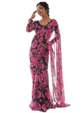 Satrani Women's Georgette Printed Ready To Wear Saree with Unstitched Blouse Piece (3284S262NA_Black & Pink6)