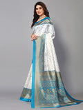 Satrani Womens Silk Blend Saree (2952S2081Nc_White & Blue & Beige)