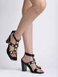 Shoetopia Stylish Studded Black Block Heeled Sandals For Women & Girls /Uk6,Black,6,B0C6V1BR6H