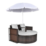 Vidaxl Patio Bed With Removable Parasol Lounge Set - Brown Poly Rattan With Cream White Upholstery Detachable Foot Stool Stain And Weather- Pe Material Washable Cushion Cover -Like New