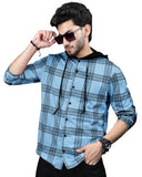 Eyebolger Mens Checkered Hooded Neck Full Sleeve T-Shirt,Sky Melange BlackApparel,XL