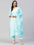 Anni Designer Women'S Cotton Blend Straight Solid Kurta With Pant & Dupatta (Resoti Nw Blue_S_Blue_Small),Blue,S,Cotton Blend,Straight,Dupatta
