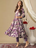 Anni Designer Women'S Cotton Blend Anarkali Printed Kurta With Pant (Damian Purple_L_Wine_Large),Purple,L,Cotton Blend,Regular,