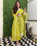 Anni Designer Women'S Rayon Blend Straight Embroidered Kurta With Pant & Dupatta (Carlton Lemon_L_Lemon_Large),Lemon,L,Rayon Blend,Regular,