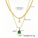 Layered Gold Chain Necklace with Green Zircon & Crystal Drop Pendant Stainless Steel Adjustable 15.7''+1.9'' Elegant Womens J