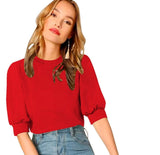 Wedani Women'S Casual Puff Sleeves Round Collor Solid Top (Large Red),Red,L