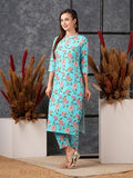Gosriki Women'S Cotton Blend Straight Printed Kurta With Pant (Nazuk Rama-Nw-Gs_L_Blue_Large),Blue,,B0D5VHBBZ4