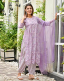 Anni Designer Women'S Rayon Blend Straight Printed Kurta With Pant & Dupatta (Welco-Purple_S_Purple_Small),Purple,S,,,