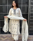 Anni Designer Women'S Rayon Blend Straight Embroidered Kurta With Pant & Dupatta (Devanagri White_Xxl_White_Xx-Large),White,2XL,Rayon Blend,Regular,