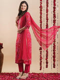 Anni Designer Women'S Rayon Blend Straight Bandhej Printed Kurta With Pant & Dupatta (Turae Rani-Vks04_Xxl_Pink_Xx-Large),Pink,2XL,Rayon Blend,Regular,