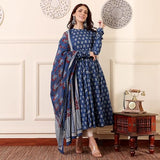 Anni Designer Women'S Rayon Viscose Anarkali Printed Kurta With Pant & Dupatta (Menon Blue_M_Blue_Medium),Blue,M,Rayon Blend,Anarkali,