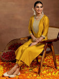 Libas Gerua Womens Yoke Design Silk Blend Straight Kurta With Trousers Mustard Xs