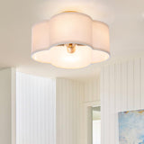 VILUXY Modern Flush Mount Ceiling Light Fixture Farmhouse White Fabric Semi Ceiling Lamps with Gold 4 Lights Drum Shade for Bedr